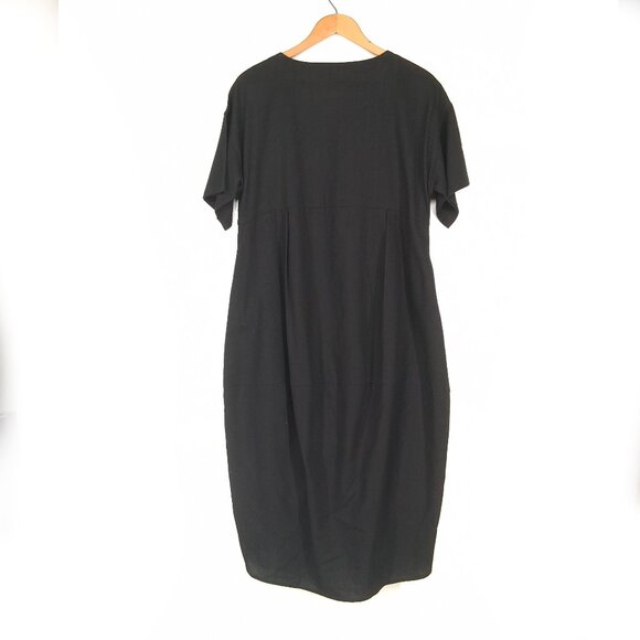 Black Linen Blend  Dress Barrel Tulip Skirt Short Sleeve Scoop Neck Pockets SZ M - Picture 2 of 13